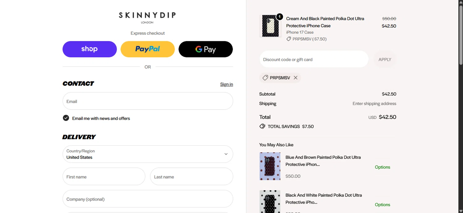 Skinnydip London discount code screenshot showing code PRPSMSV applied at Skinnydip London checkout page. Uploaded by SimplyCodes community member ______________ on Oct 14, 2025