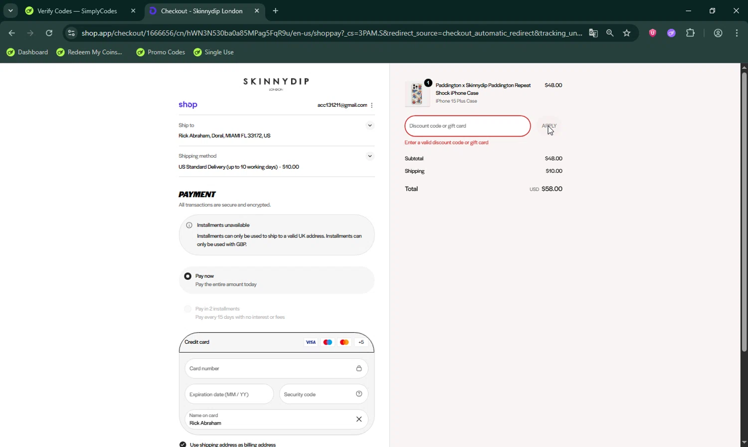 Skinnydip London discount code screenshot showing code WELCOME10 applied at Skinnydip London checkout page. Uploaded by SimplyCodes community member LHaunter on Sep 25, 2025