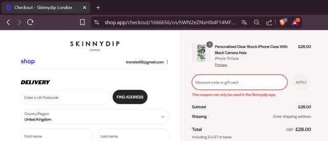 Skinnydip London checkout page showing Skinnydip London discount code box | Screenshot taken by SimplyCodes community member on Sep 6, 2025