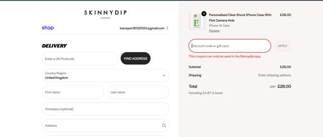 Skinnydip London checkout page showing Skinnydip London discount code box | Screenshot taken by SimplyCodes community member on Sep 22, 2025
