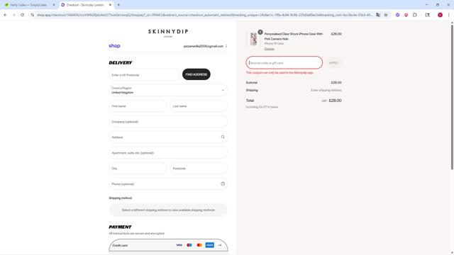 Skinnydip London checkout page showing Skinnydip London discount code box | Screenshot taken by SimplyCodes community member on Aug 31, 2025