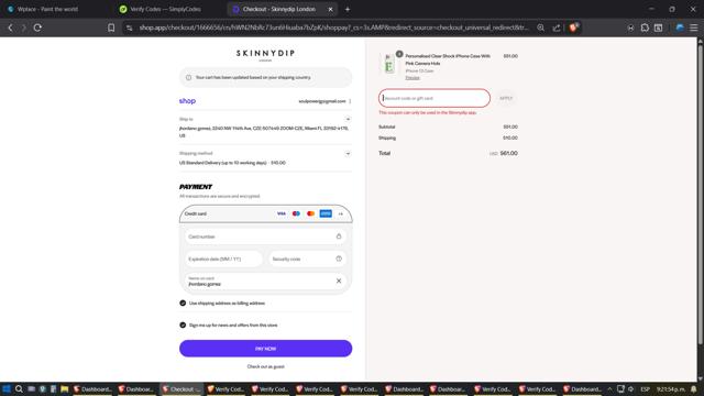 Skinnydip London checkout page showing Skinnydip London discount code box | Screenshot taken by SimplyCodes community member on Aug 30, 2025