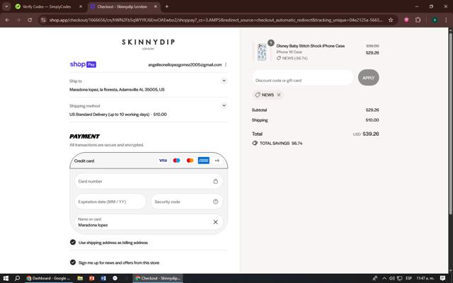 Skinnydip London checkout page showing Skinnydip London discount code box | Screenshot taken by SimplyCodes community member on Aug 26, 2025