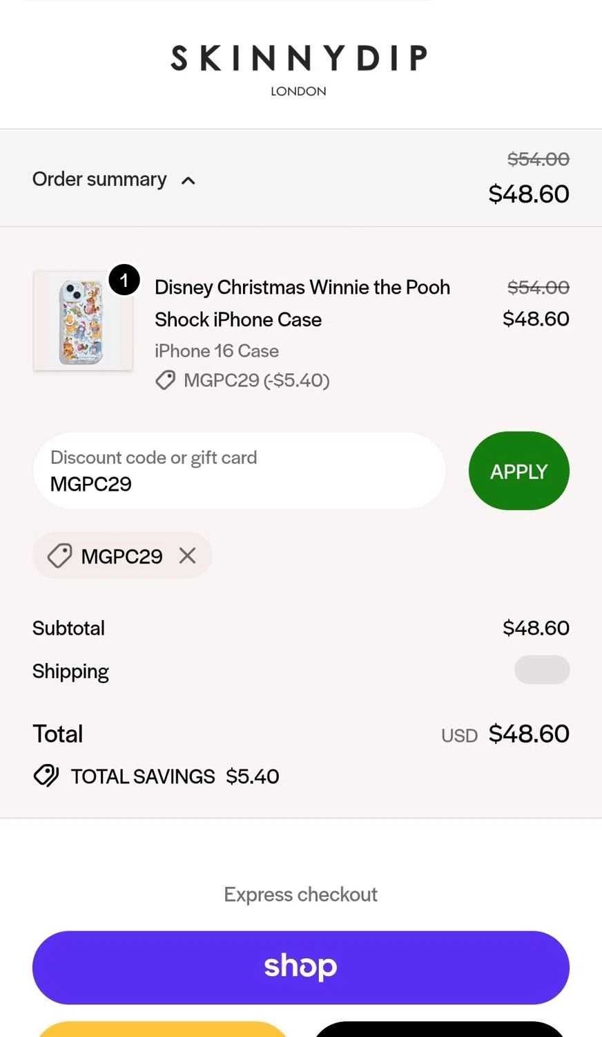 Skinnydip London checkout page showing Skinnydip London discount code box | Screenshot taken by SimplyCodes community member on Jan 2, 2026