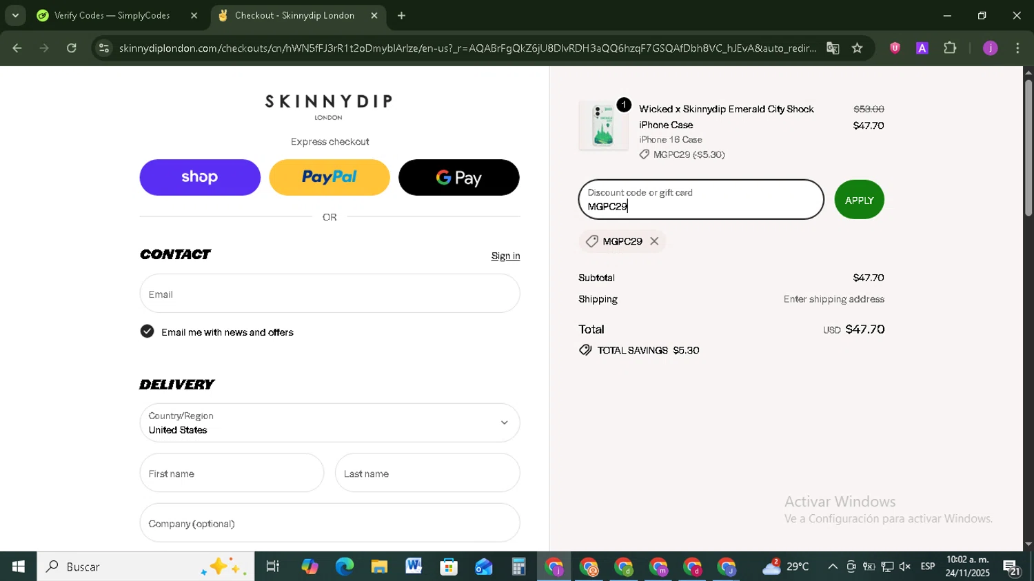 Skinnydip London discount code screenshot showing code MGPC29 applied at Skinnydip London checkout page. Uploaded by SimplyCodes community member Tazbravo on Nov 24, 2025