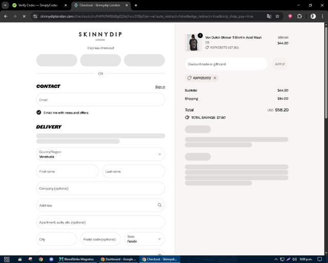 Skinnydip London checkout page showing Skinnydip London discount code box | Screenshot taken by SimplyCodes community member on Sep 29, 2025