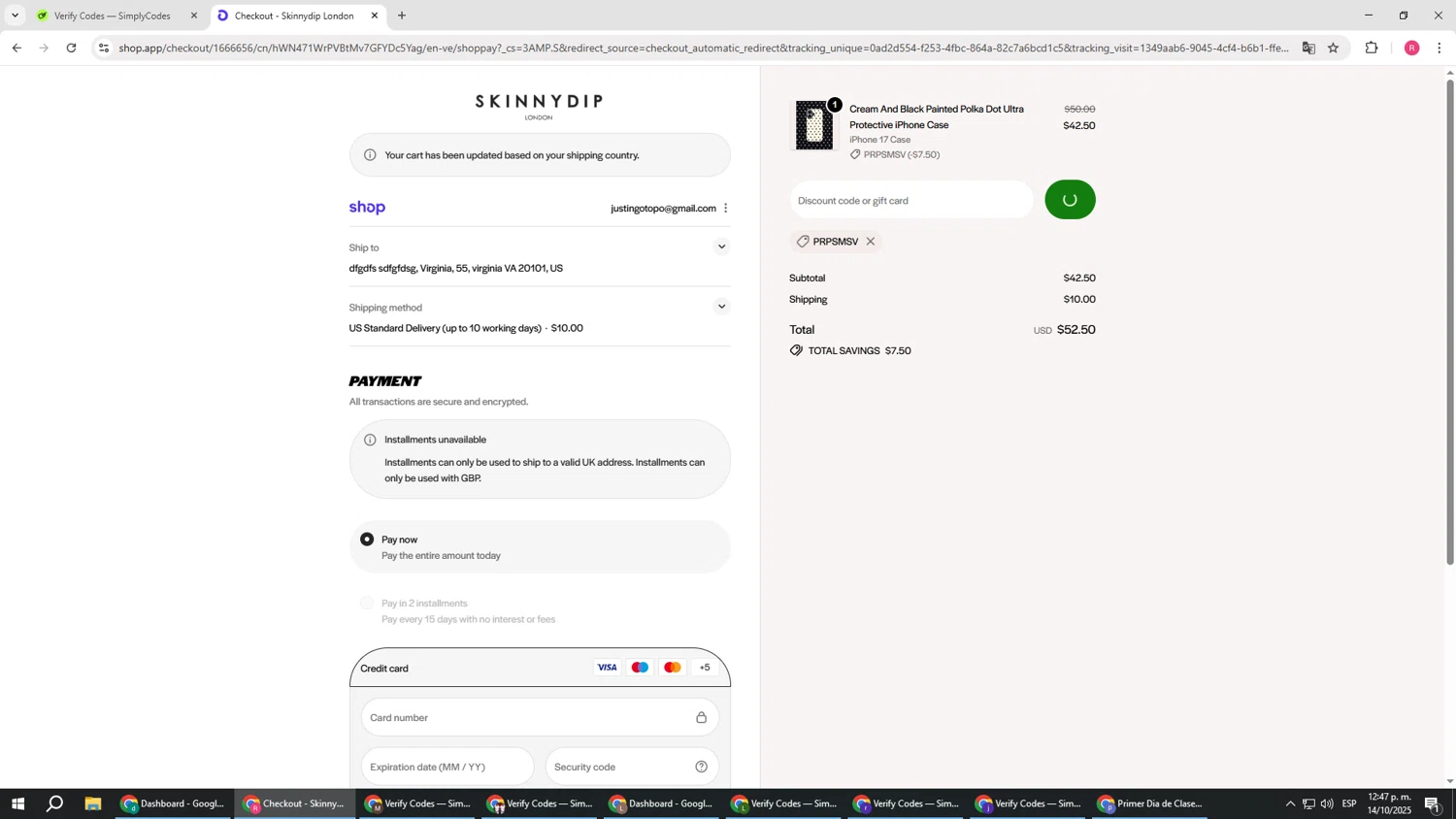 Skinnydip London discount code screenshot showing code PRPSMSV applied at Skinnydip London checkout page. Uploaded by SimplyCodes community member TTTT55 on Oct 14, 2025