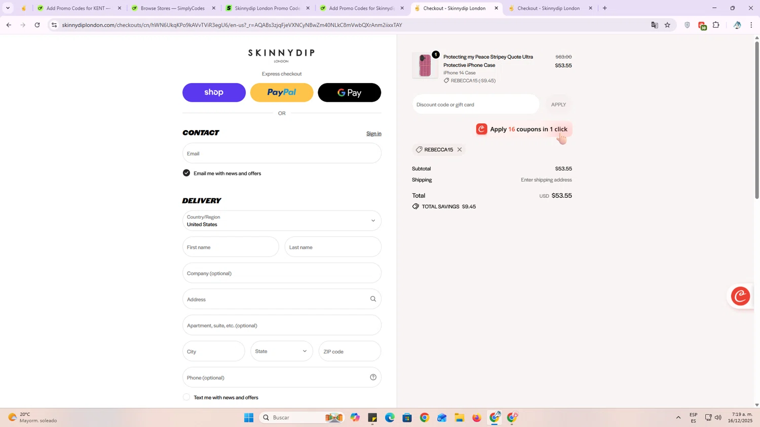 Skinnydip London discount code screenshot showing code REBECCA15 applied at Skinnydip London checkout page. Uploaded by SimplyCodes community member OriCarol on Dec 16, 2025
