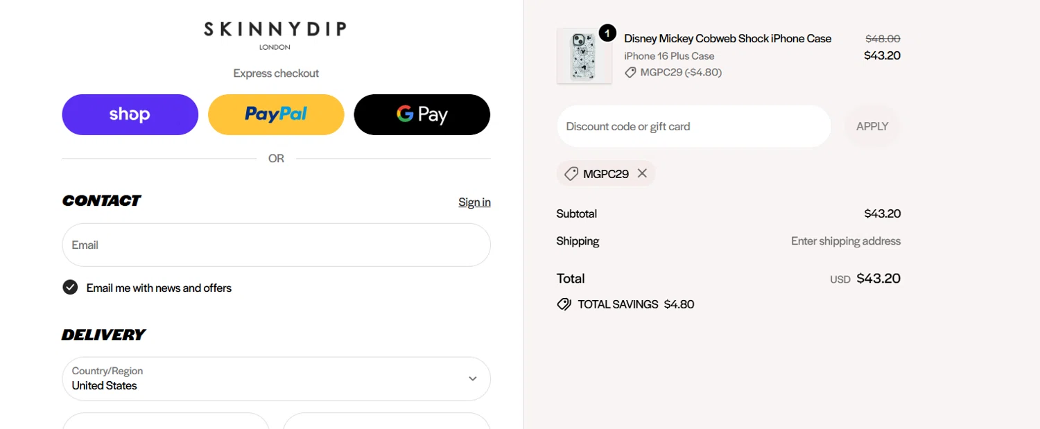 Skinnydip London discount code screenshot showing code MGPC29 applied at Skinnydip London checkout page. Uploaded by SimplyCodes community member josegarcia6 on Sep 25, 2025
