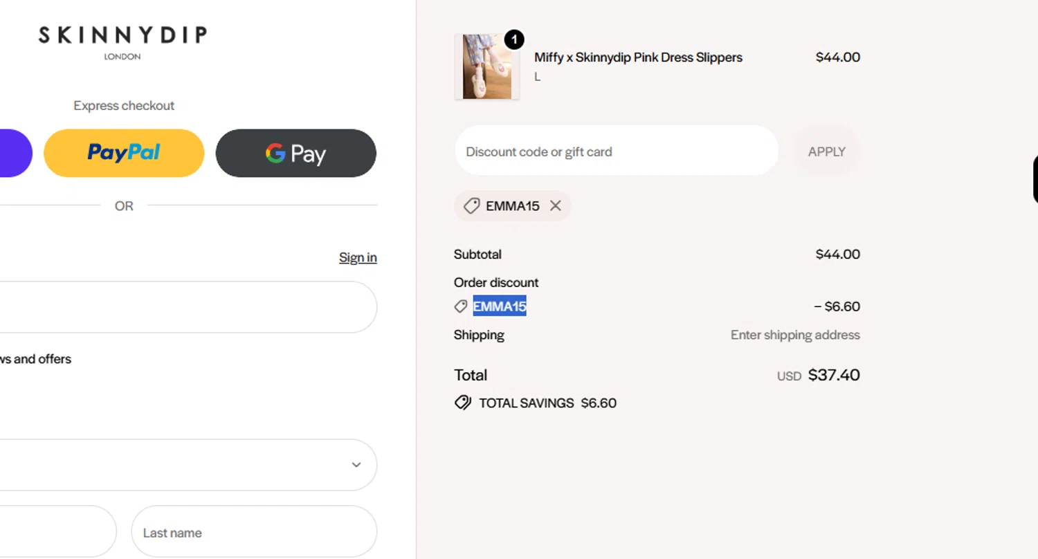 Skinnydip London discount code screenshot showing code EMMA15 applied at Skinnydip London checkout page. Uploaded by SimplyCodes community member yeresojperez on Dec 26, 2025