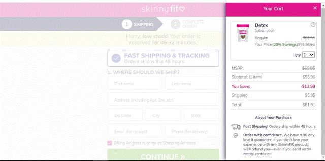 SkinnyFit checkout page showing SkinnyFit coupon code box | Screenshot taken by SimplyCodes community member on Apr 6, 2021