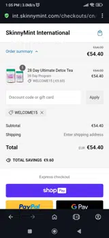 Welcome15 coupon verification screenshot