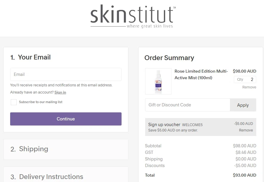 Skinstitut checkout page showing Skinstitut promo code box | Screenshot taken by SimplyCodes community member on Apr 29, 2021