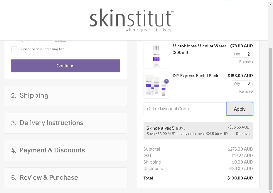 Skinstitut checkout page showing Skinstitut promo code box | Screenshot taken by SimplyCodes community member on Apr 28, 2021