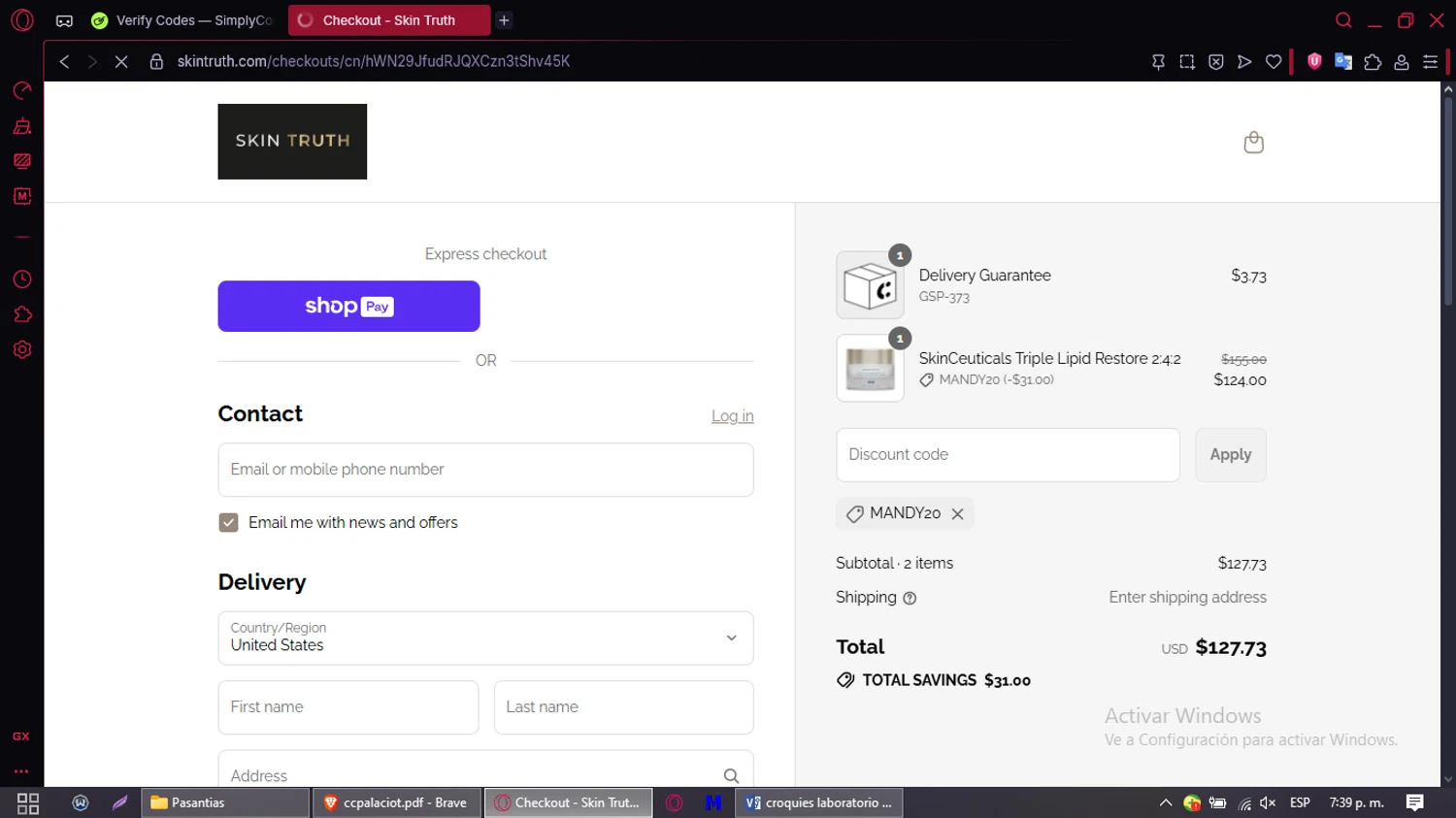 Skin Truth coupon code screenshot showing code MANDY20 applied at Skin Truth checkout page. Uploaded by SimplyCodes community member CleverMaven2889 on Aug 23, 2025