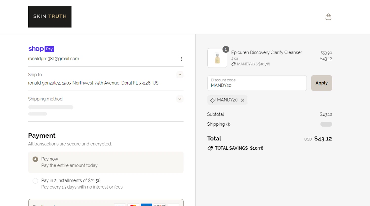 Skin Truth coupon code screenshot showing code MANDY20 applied at Skin Truth checkout page. Uploaded by SimplyCodes community member SmartSaver7916 on Jul 11, 2025