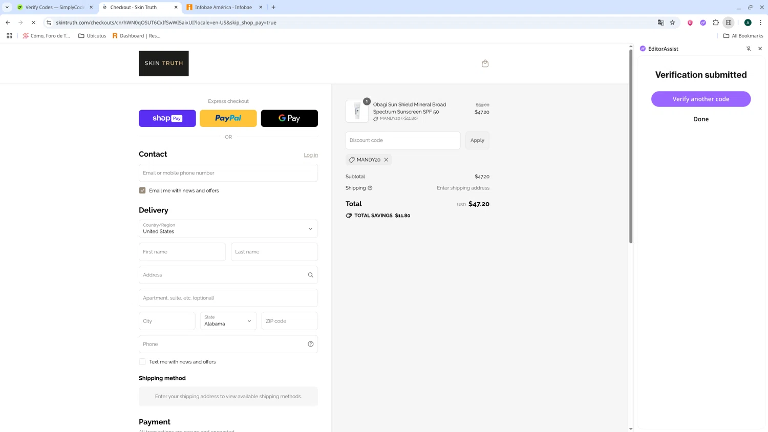 Skin Truth coupon code screenshot showing code MANDY20 applied at Skin Truth checkout page. Uploaded by SimplyCodes community member admeneses on Jul 20, 2025