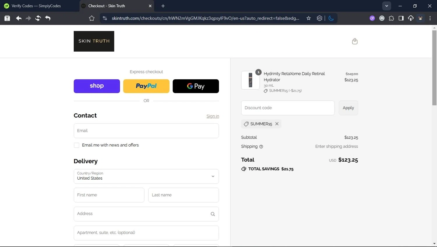 Skin Truth coupon code screenshot showing code SUMMER15 applied at Skin Truth checkout page. Uploaded by SimplyCodes community member BrilliantTitan6909 on Sep 9, 2025