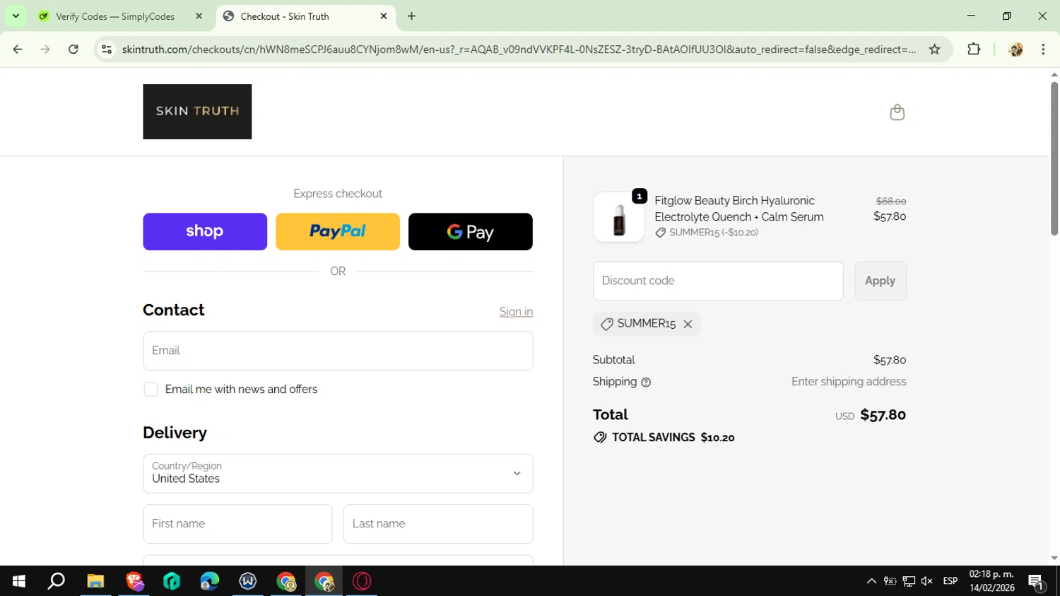 Skin Truth checkout page showing Skin Truth coupon code box | Screenshot taken by SimplyCodes community member on Feb 14, 2026