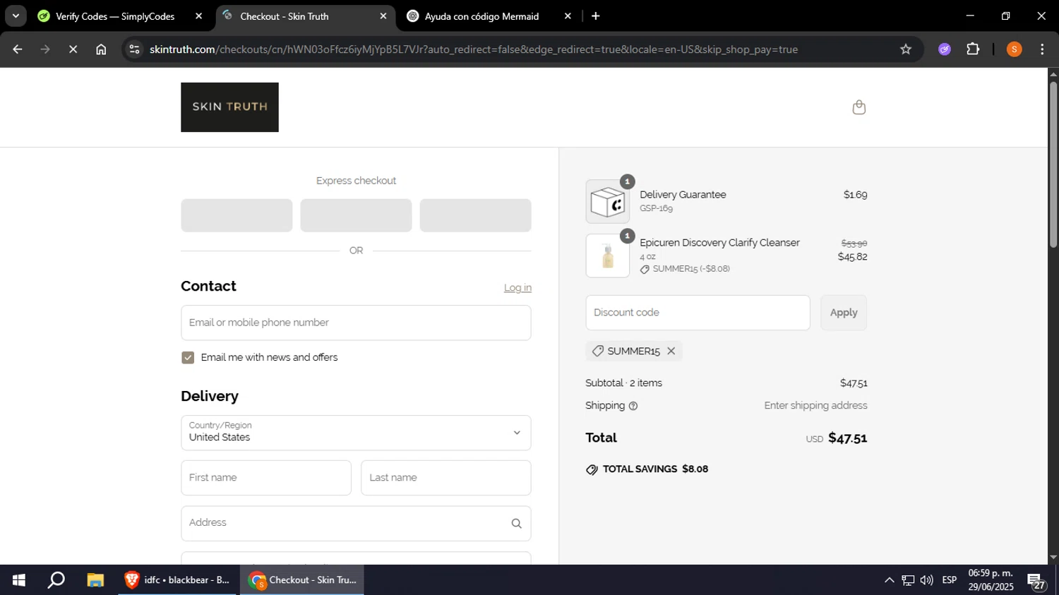 Skin Truth coupon code screenshot showing code SUMMER15 applied at Skin Truth checkout page. Uploaded by SimplyCodes community member StevenZarraga on Jun 29, 2025