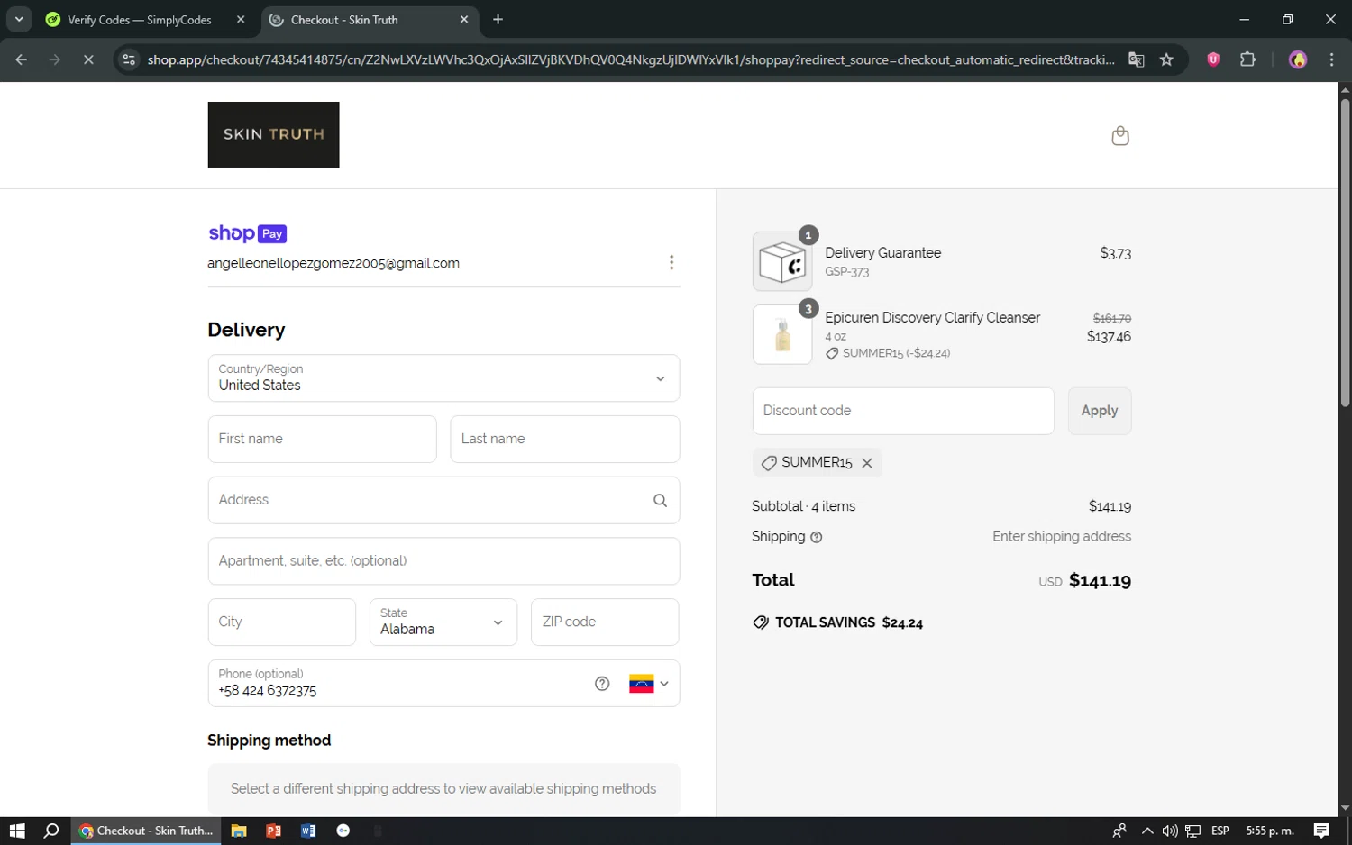 Skin Truth coupon code screenshot showing code SUMMER15 applied at Skin Truth checkout page. Uploaded by SimplyCodes community member TreasureShopper9156 on Jun 29, 2025