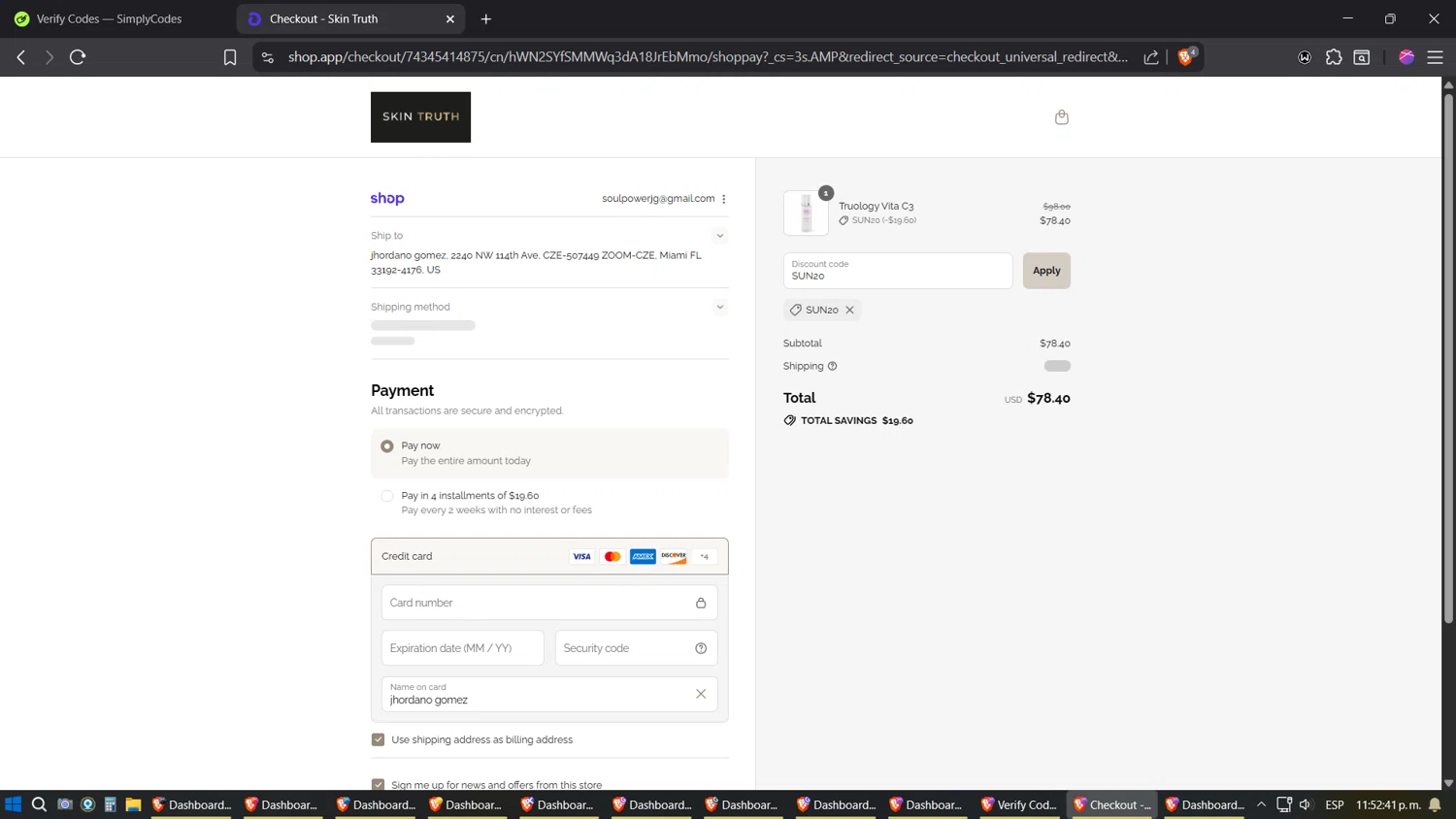 Skin Truth coupon code screenshot showing code SUN20 applied at Skin Truth checkout page. Uploaded by SimplyCodes community member Sesshomaru on Sep 1, 2025