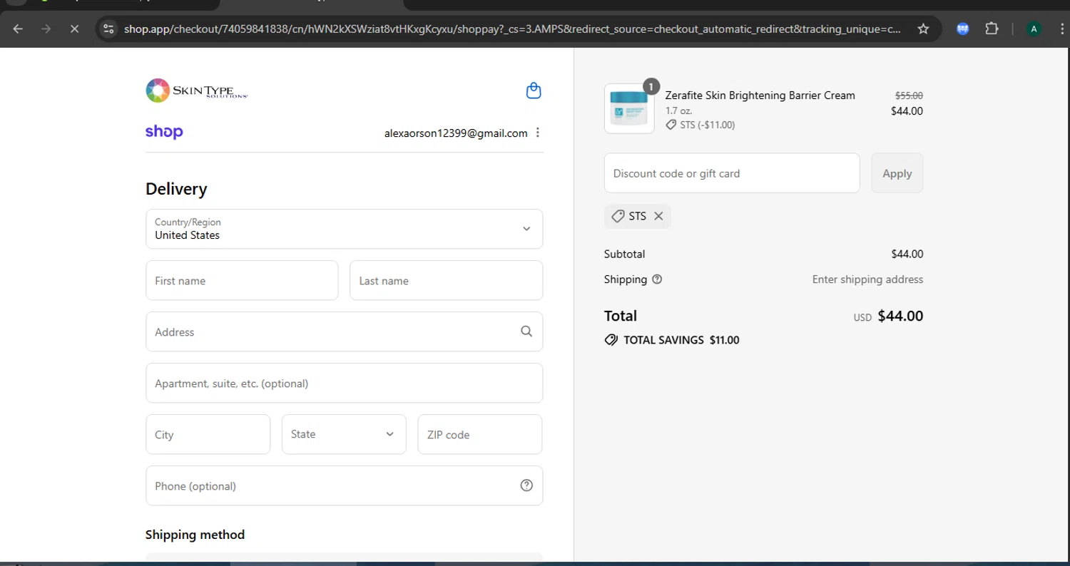 Skin Type Solutions coupon code screenshot showing code STS applied at Skin Type Solutions checkout page. Uploaded by SimplyCodes community member CoinGuardian4017 on Sep 8, 2025