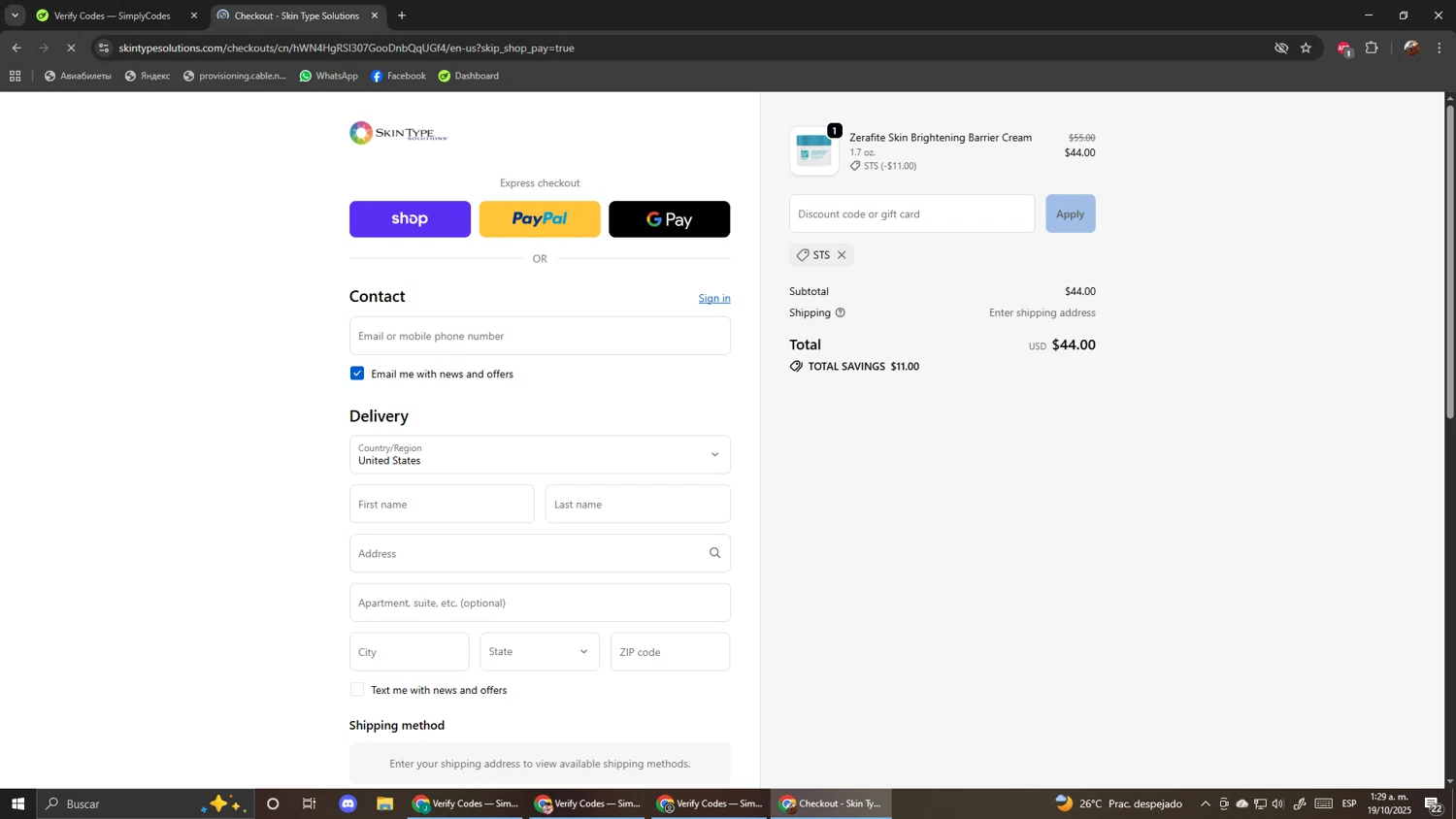 Skin Type Solutions coupon code screenshot showing code STS applied at Skin Type Solutions checkout page. Uploaded by SimplyCodes community member ScanShopper554 on Oct 19, 2025
