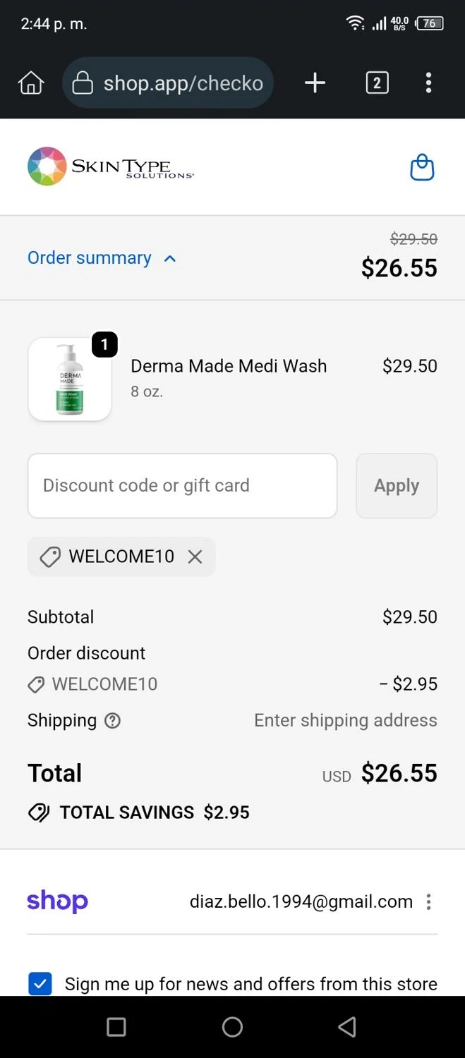 Skin Type Solutions coupon code screenshot showing code WELCOME10 applied at Skin Type Solutions checkout page. Uploaded by SimplyCodes community member AnthonyGuapeton94 on Nov 9, 2025
