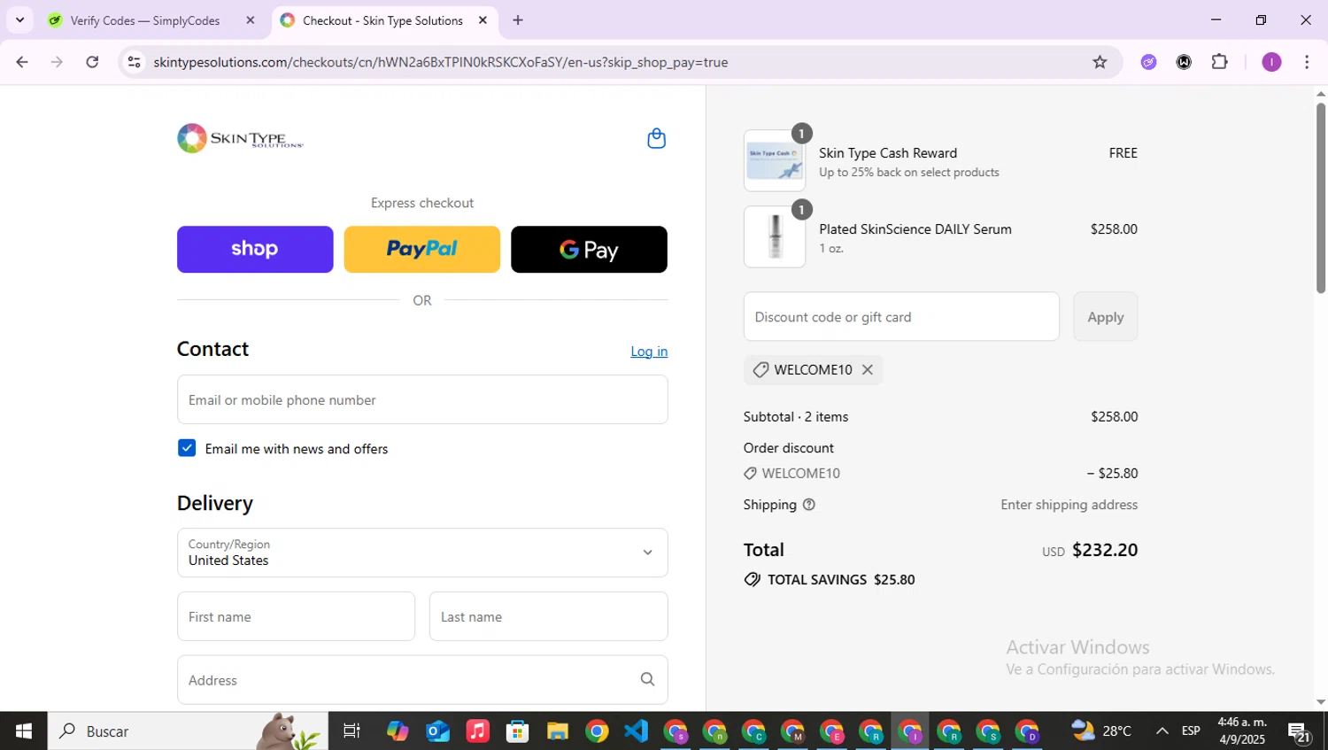 Skin Type Solutions coupon code screenshot showing code WELCOME10 applied at Skin Type Solutions checkout page. Uploaded by SimplyCodes community member RebateAce6764 on Sep 4, 2025