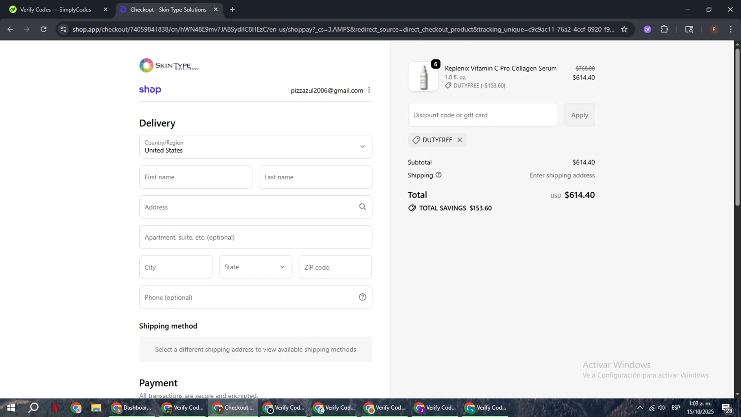 Skin Type Solutions coupon code screenshot showing code DUTYFREE applied at Skin Type Solutions checkout page. Uploaded by SimplyCodes community member ExtraordinaryHunter3076 on Oct 15, 2025