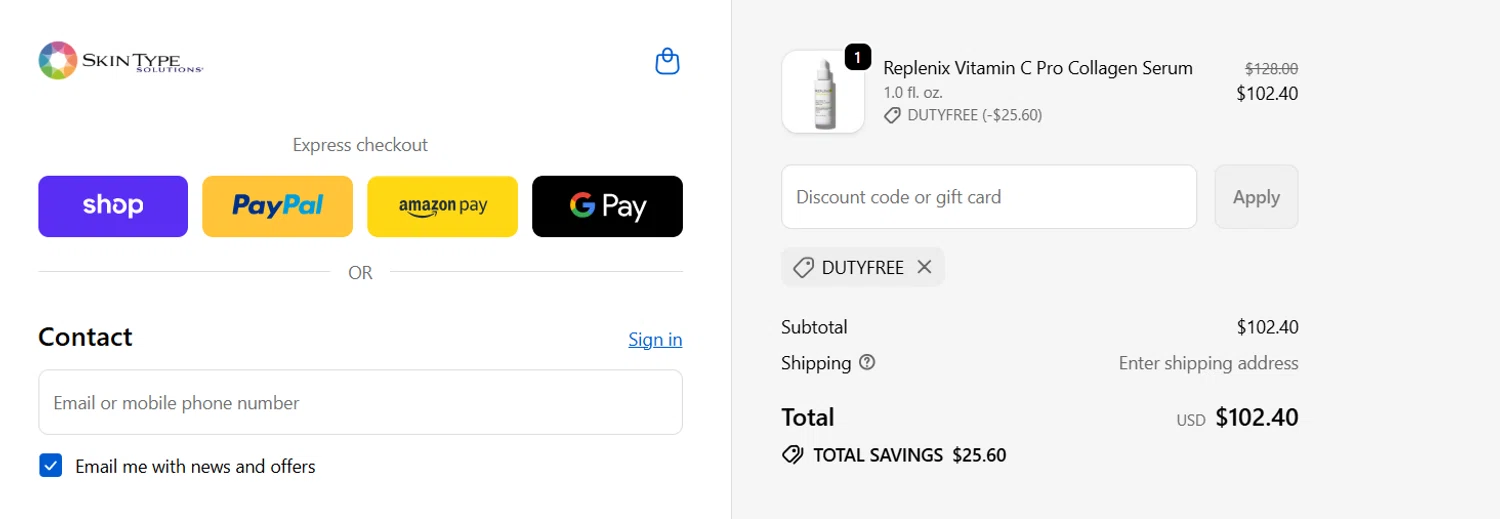 Skin Type Solutions coupon code screenshot showing code DUTYFREE applied at Skin Type Solutions checkout page. Uploaded by SimplyCodes community member Nohely on Oct 23, 2025