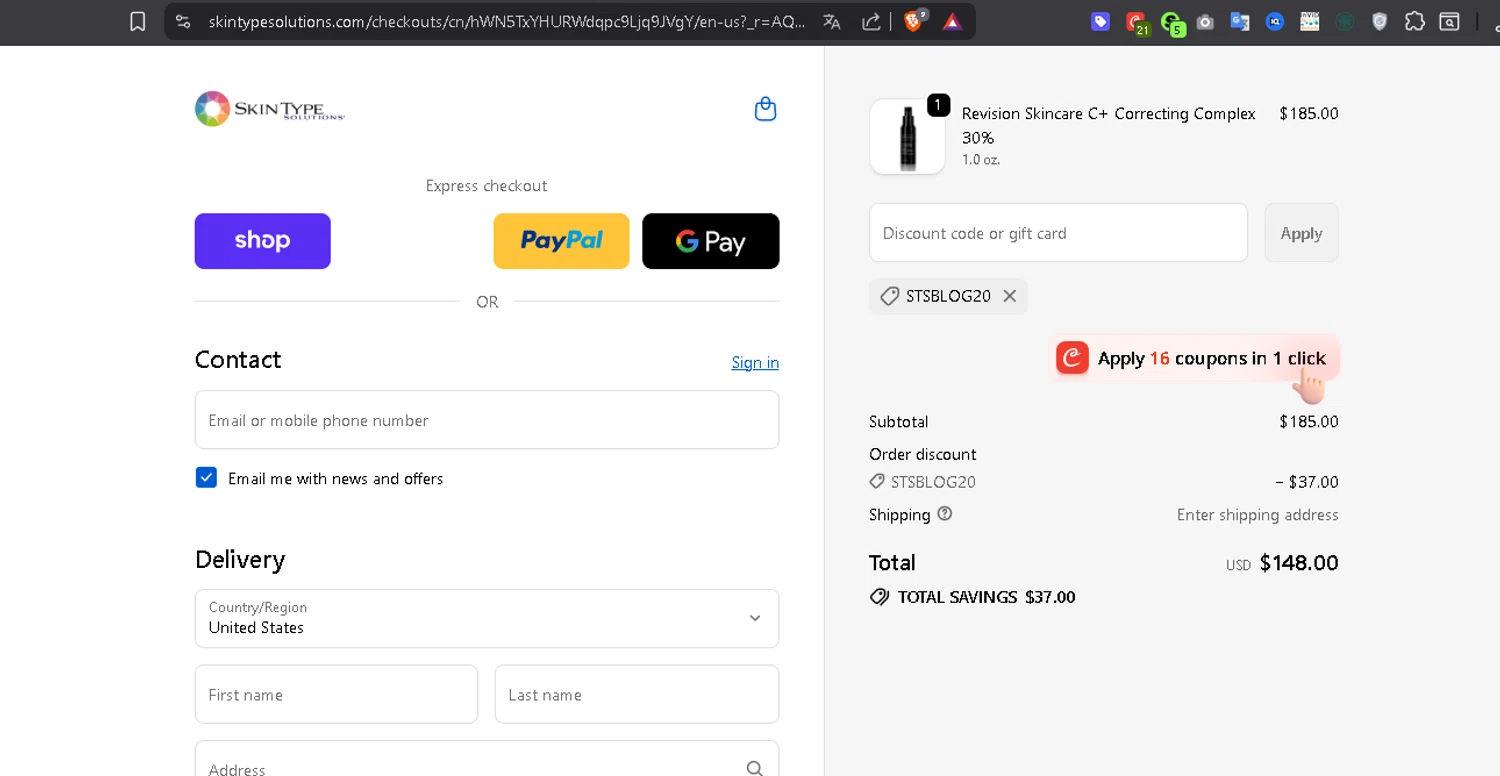 Skin Type Solutions coupon code screenshot showing code STSBLOG20 applied at Skin Type Solutions checkout page. Uploaded by SimplyCodes community member Serdanvz on Nov 19, 2025