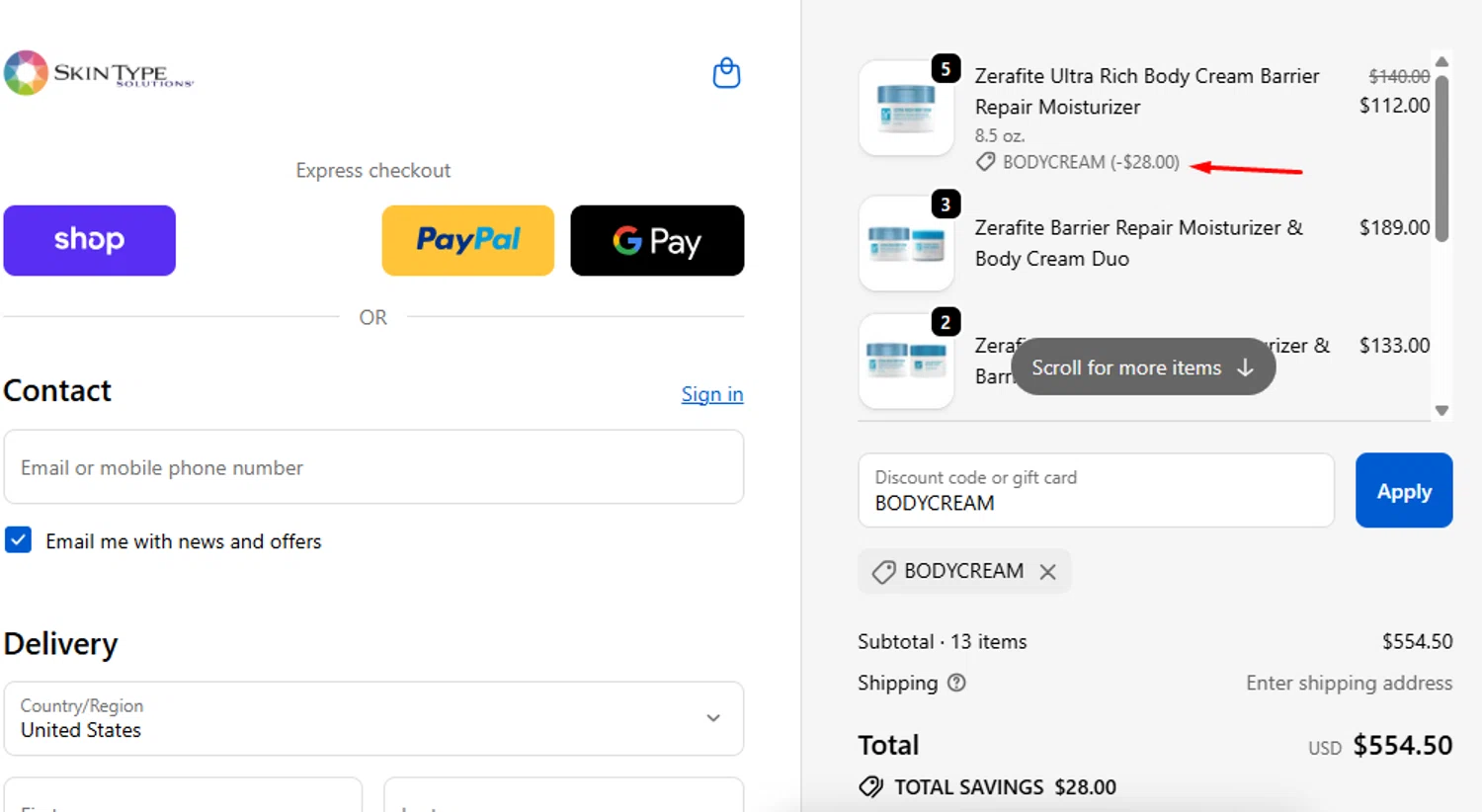 Skin Type Solutions coupon code screenshot showing code BODYCREAM applied at Skin Type Solutions checkout page. Uploaded by SimplyCodes community member anosesmith on Nov 19, 2025