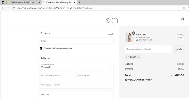 Skin checkout page showing Skin promo code box | Screenshot taken by SimplyCodes community member on Aug 20, 2025