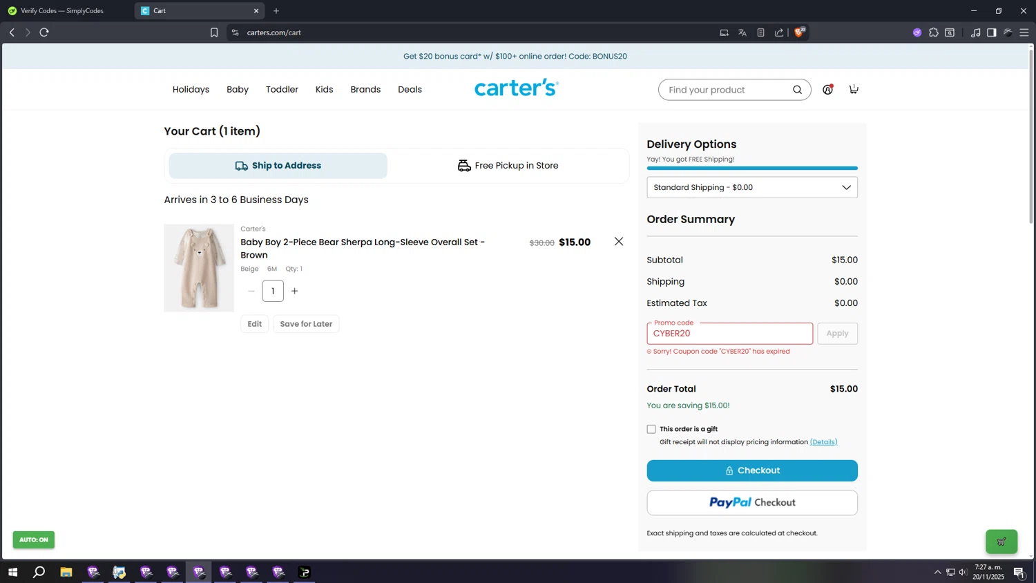 Skip Hop promo code screenshot showing code CYBER20 applied at Skip Hop checkout page. Uploaded by SimplyCodes community member qqqqqqqqqqqqq on Nov 20, 2025
