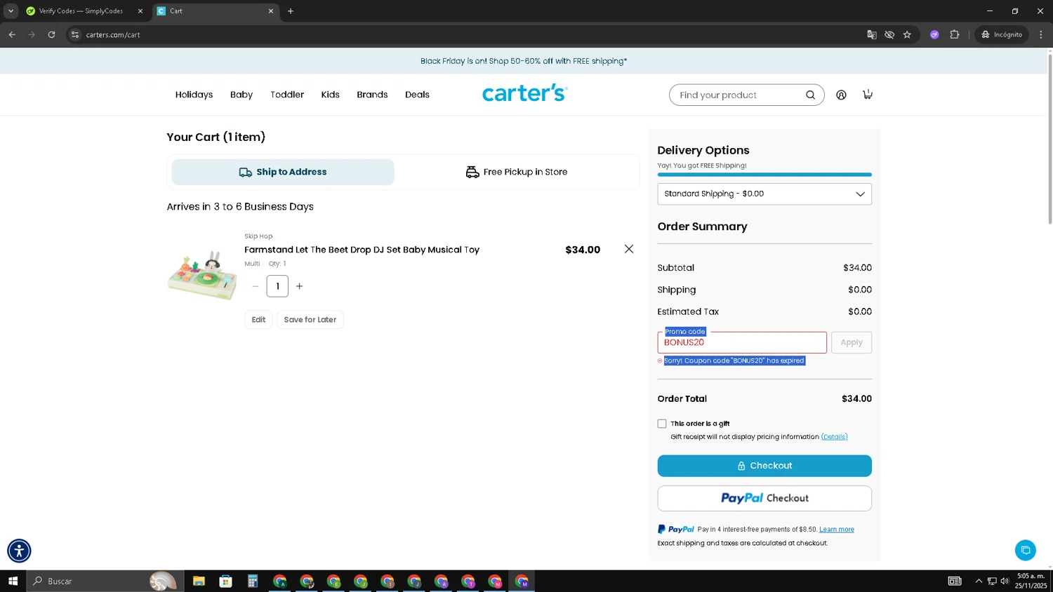 Skip Hop promo code screenshot showing code BONUS20 applied at Skip Hop checkout page. Uploaded by SimplyCodes community member CRF250CC on Nov 25, 2025