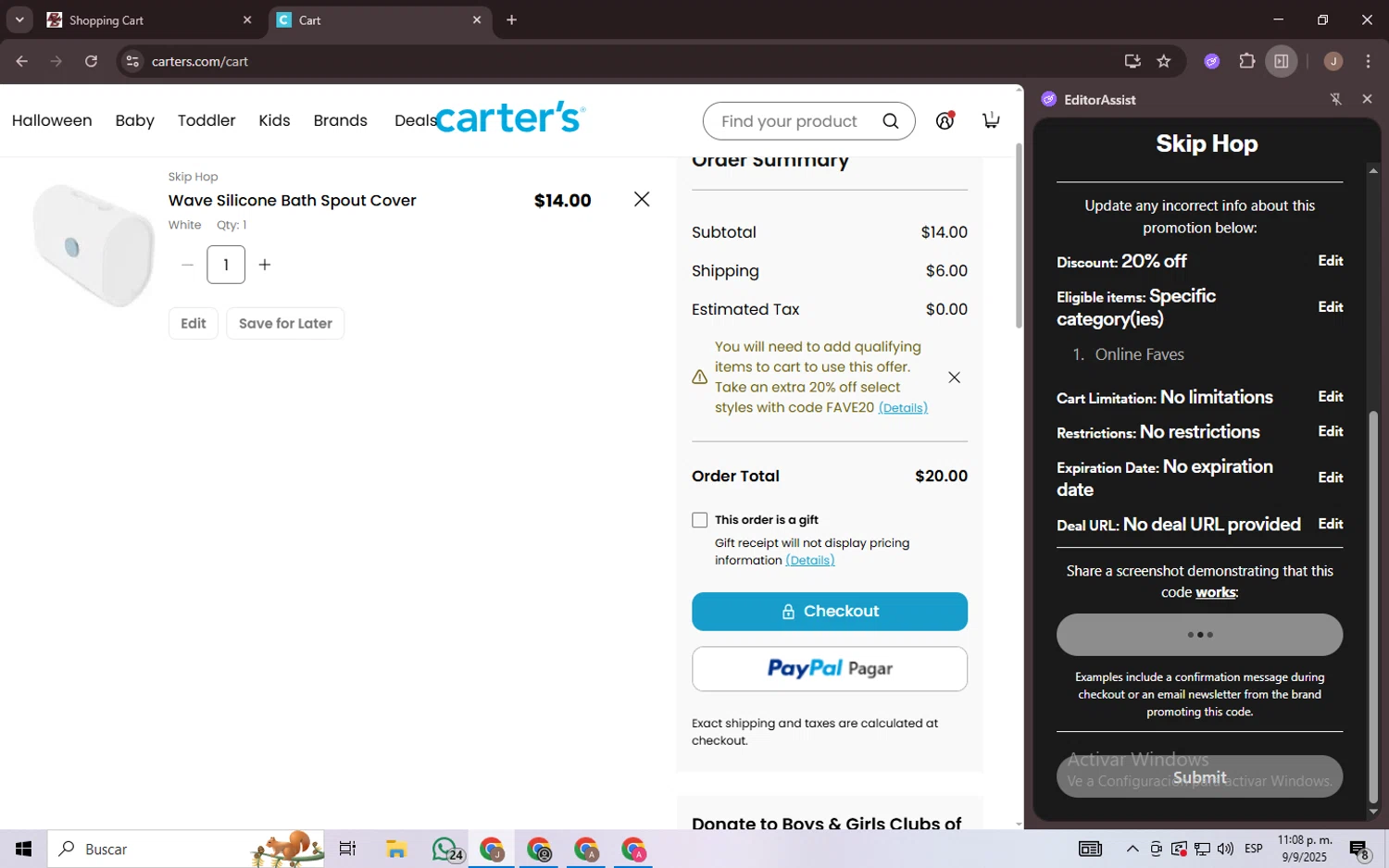 Skip Hop checkout page showing Skip Hop promo code box | Screenshot taken by SimplyCodes community member on Sep 10, 2025