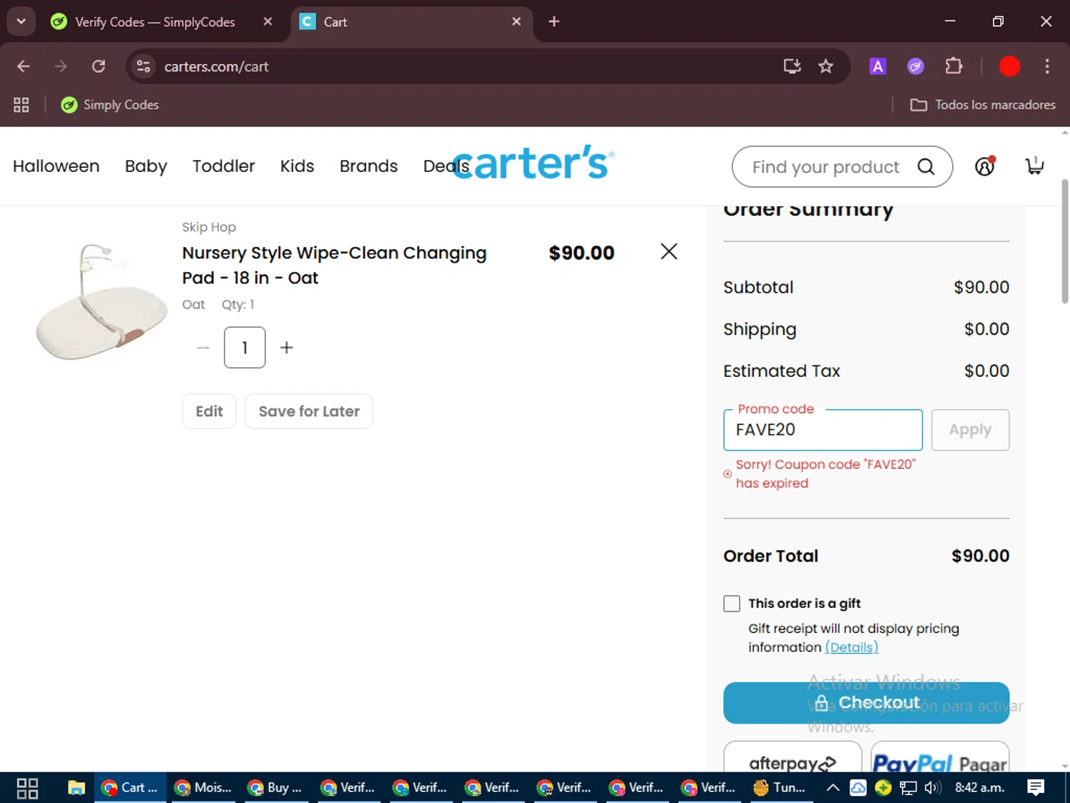 Skip Hop promo code screenshot showing code FAVE20 applied at Skip Hop checkout page. Uploaded by SimplyCodes community member VoucherCollector9196 on Sep 24, 2025
