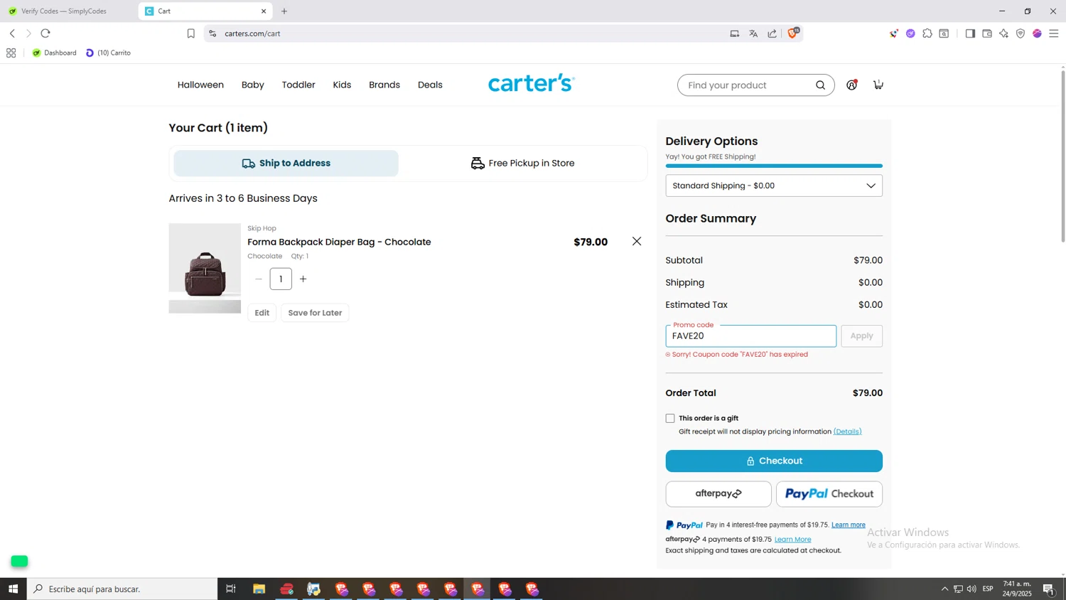 Skip Hop promo code screenshot showing code FAVE20 applied at Skip Hop checkout page. Uploaded by SimplyCodes community member jHjJJJhgPlDmsdUYitrNMASDll on Sep 24, 2025