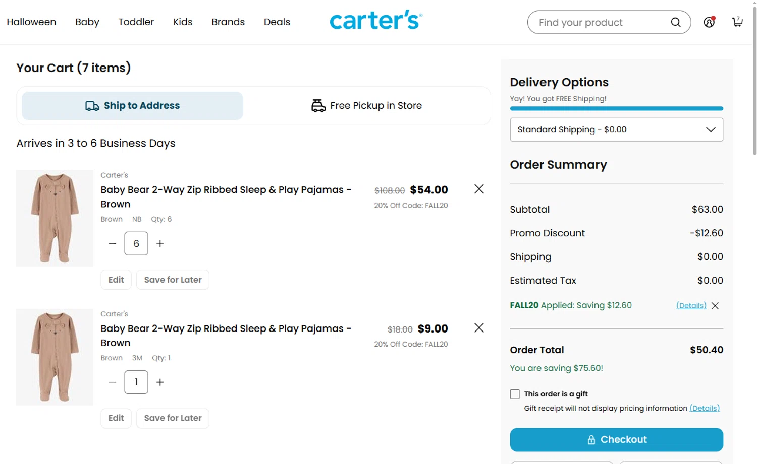 Skip Hop promo code screenshot showing code FALL20 applied at Skip Hop checkout page. Uploaded by SimplyCodes community member Volibear on Oct 6, 2025