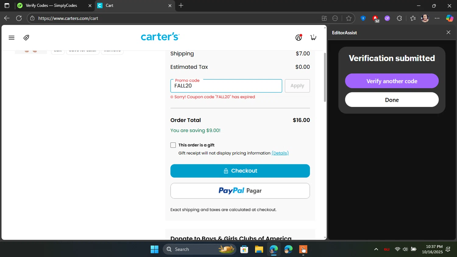 Skip Hop promo code screenshot showing code FALL20 applied at Skip Hop checkout page. Uploaded by SimplyCodes community member Blackleg_Sanji on Oct 17, 2025