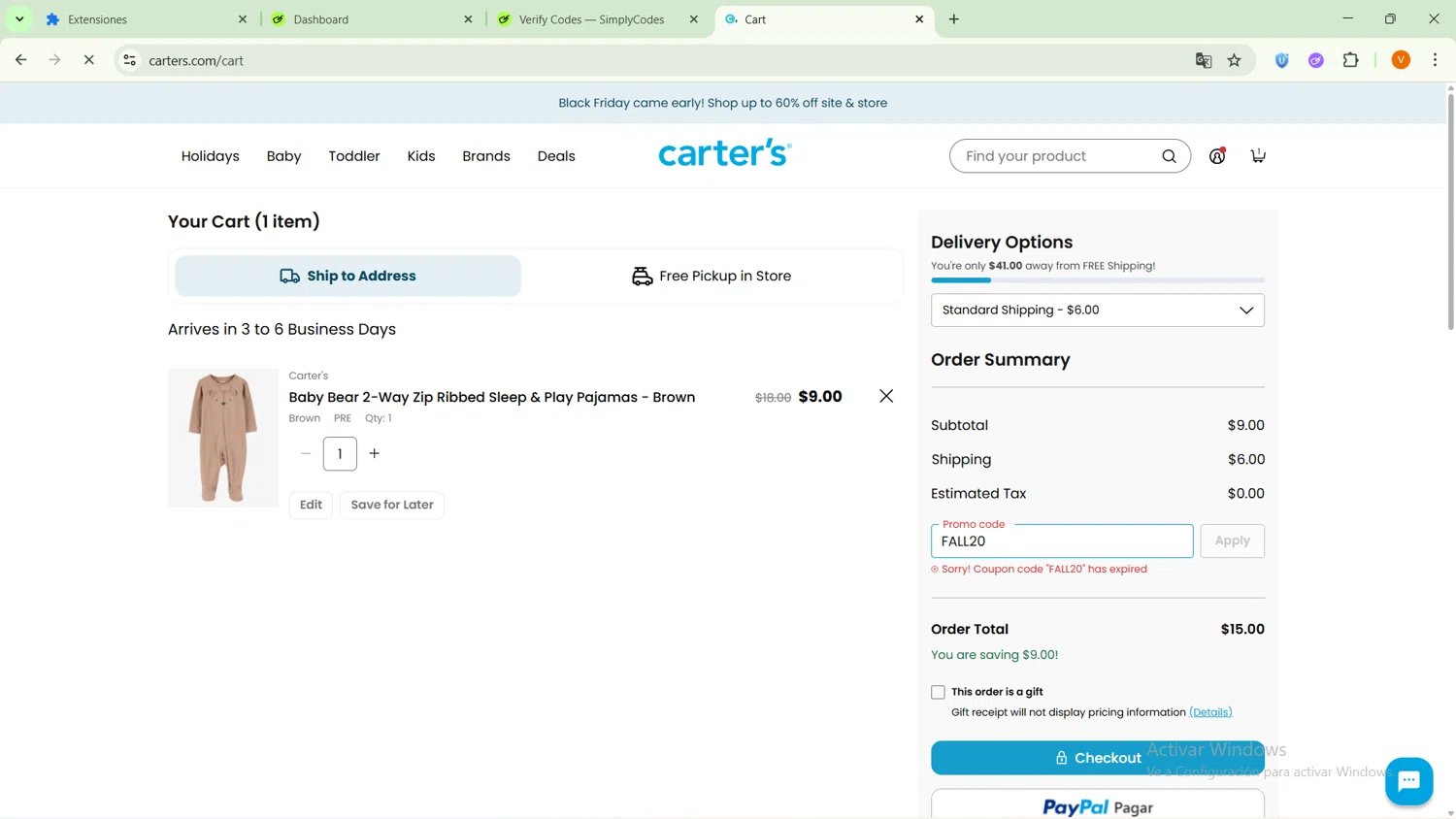 Skip Hop promo code screenshot showing code FALL20 applied at Skip Hop checkout page. Uploaded by SimplyCodes community member GoldFox1696 on Oct 17, 2025