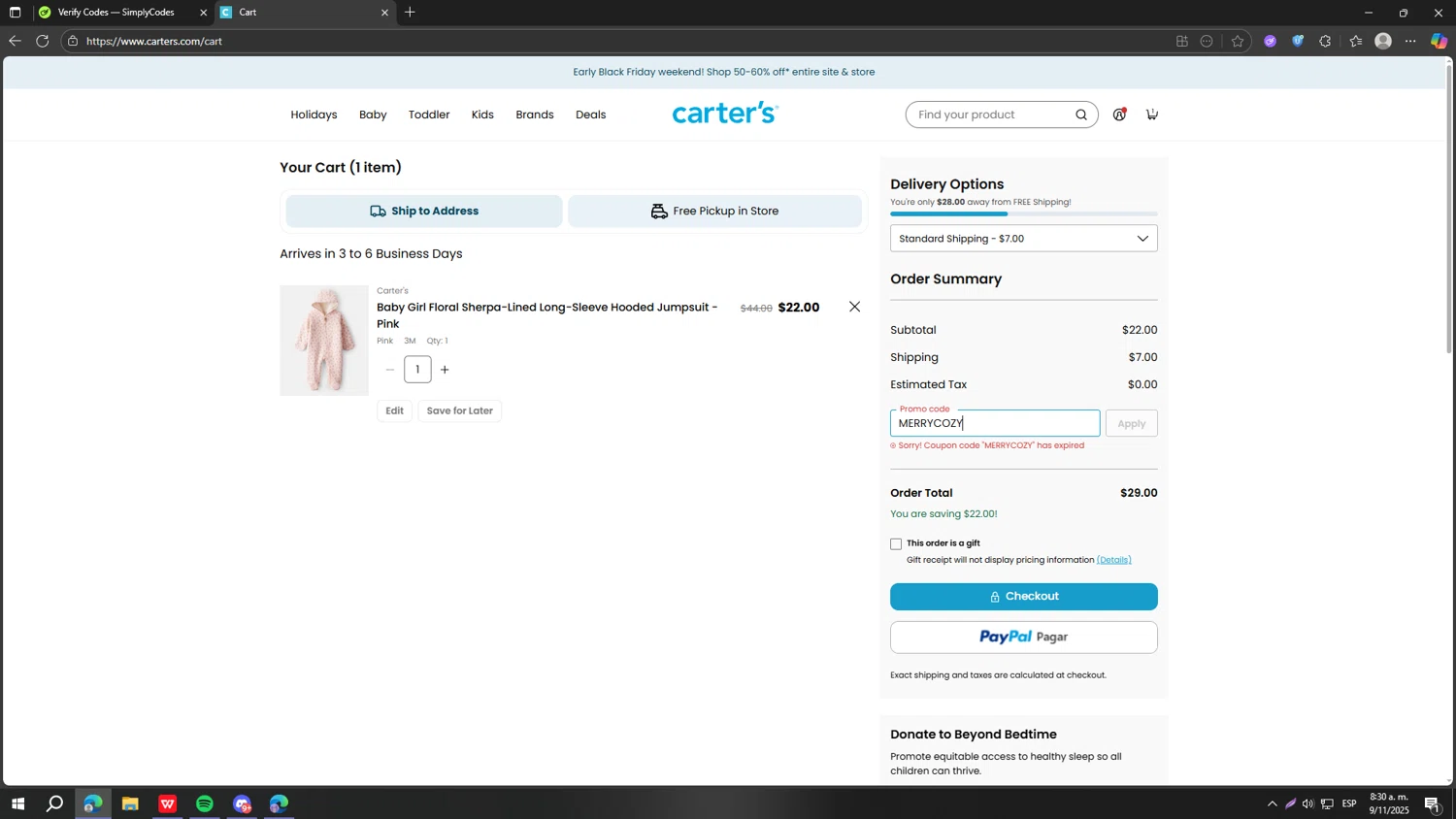 Skip Hop promo code screenshot showing code MERRYCOZY applied at Skip Hop checkout page. Uploaded by SimplyCodes community member fjkdjkldsf on Nov 9, 2025