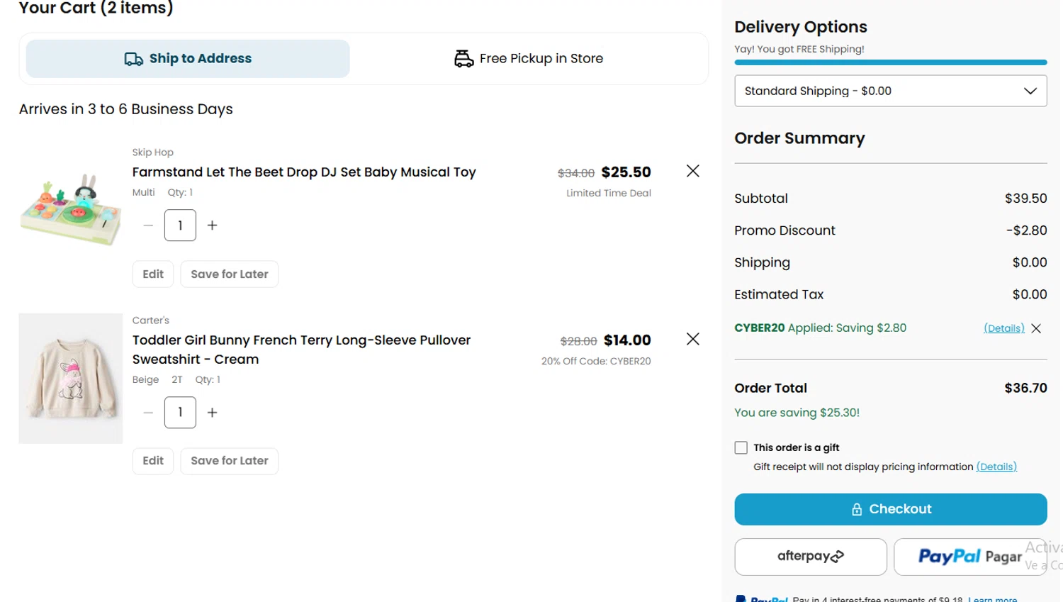 Skip Hop promo code screenshot showing code CYBER20 applied at Skip Hop checkout page. Uploaded by SimplyCodes community member valeriaantonieta on Nov 30, 2025