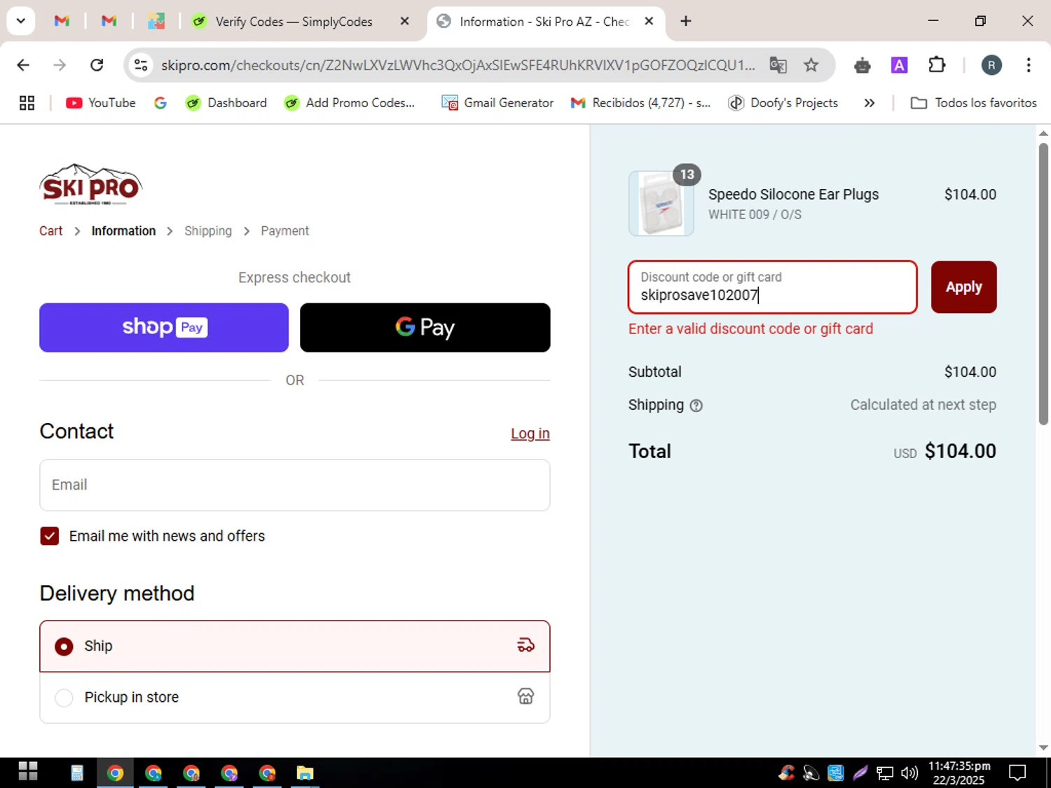 Ski Pro discount code screenshot showing code skiprosave102007 applied at Ski Pro checkout page. Uploaded by SimplyCodes community member PennyWizard7963 on Mar 23, 2025