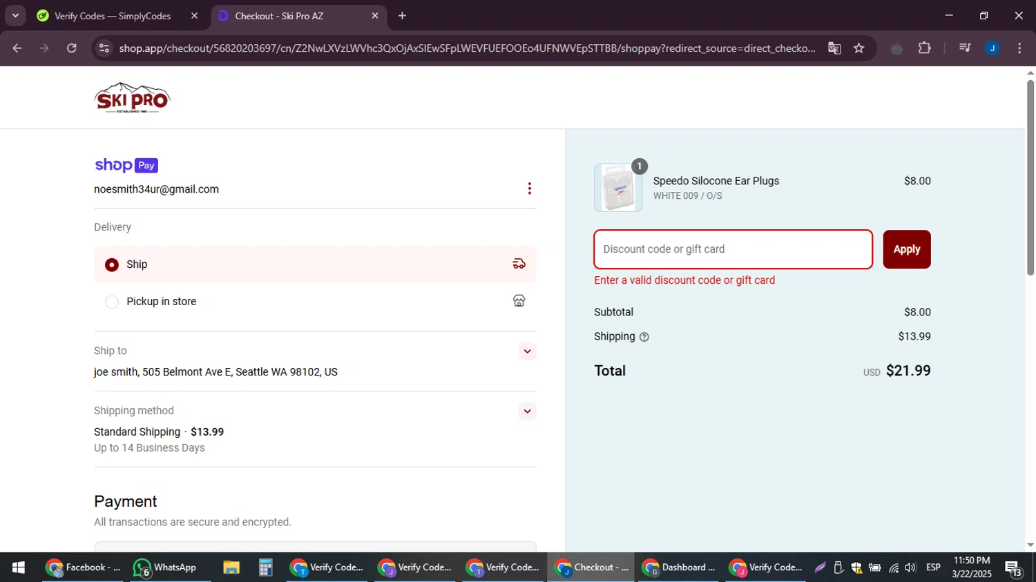 Ski Pro discount code screenshot showing code skiprosave102007 applied at Ski Pro checkout page. Uploaded by SimplyCodes community member noesmith34ur on Mar 23, 2025