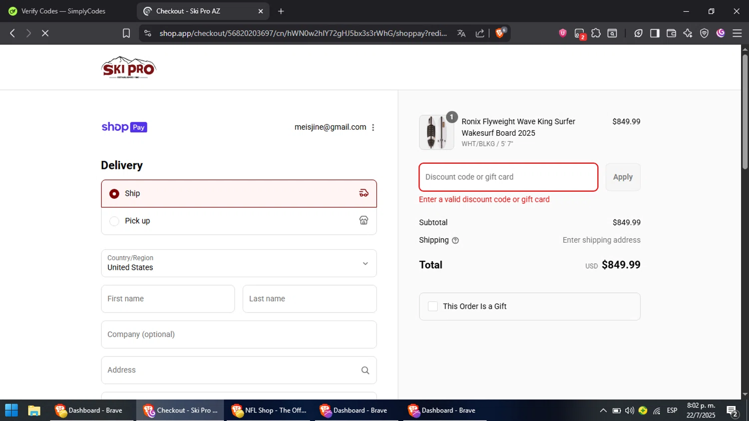 Ski Pro discount code screenshot showing code SKIPRO102011 applied at Ski Pro checkout page. Uploaded by SimplyCodes community member RebateCaptain6440 on Jul 23, 2025