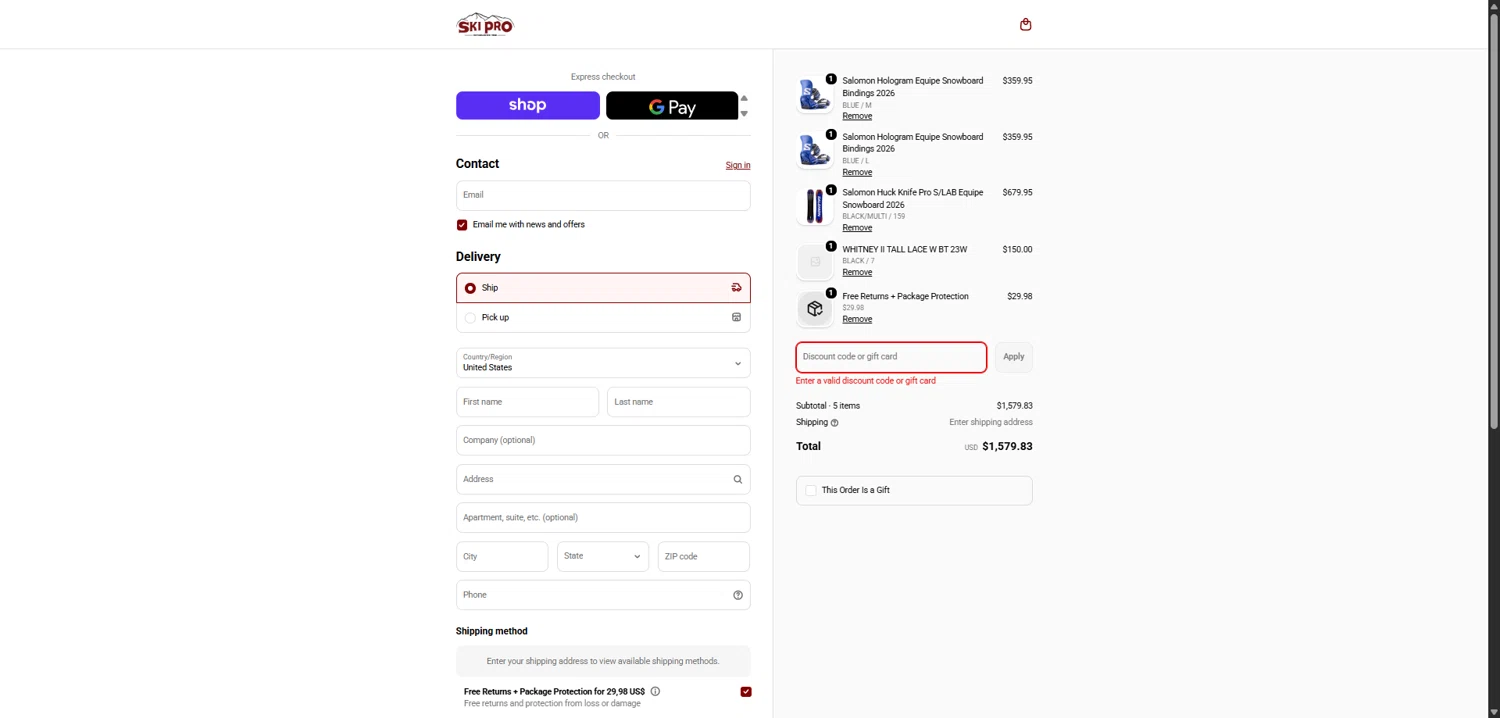 Ski Pro discount code screenshot showing code SKIPRO102011 applied at Ski Pro checkout page. Uploaded by SimplyCodes community member ValiantCollector5333 on Feb 11, 2026