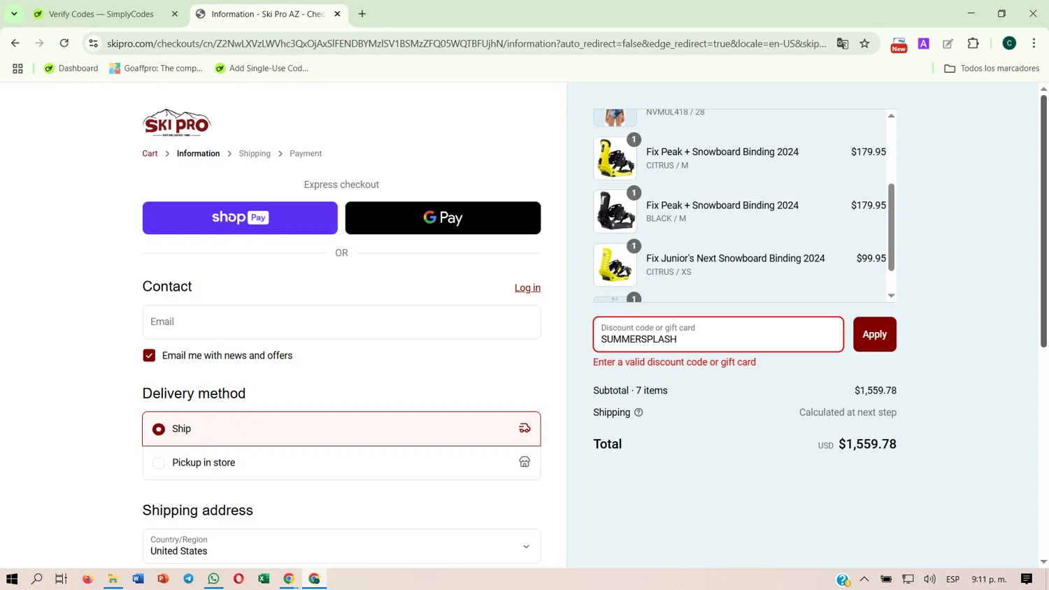 Ski Pro discount code screenshot showing code SUMMERSPLASH applied at Ski Pro checkout page. Uploaded by SimplyCodes community member CrownCaptain5369 on Mar 28, 2025